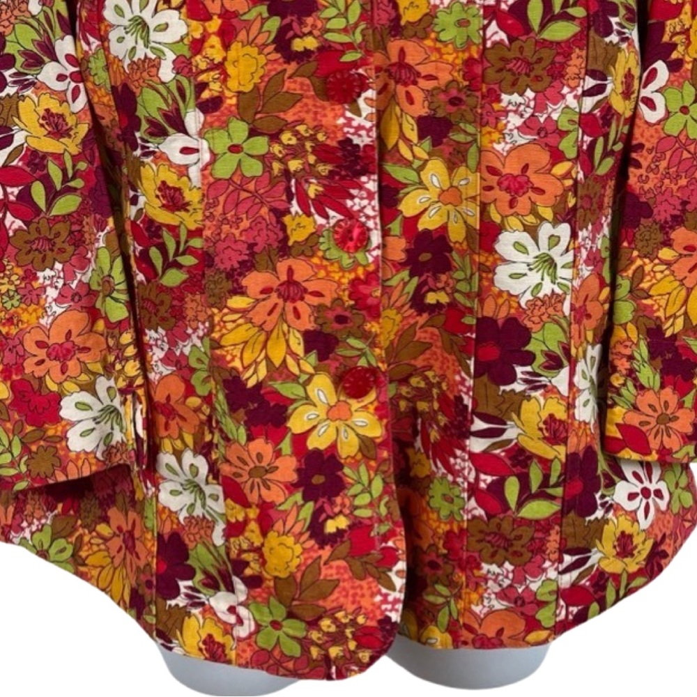 Retro Floral Print Linen Cotton Blend Jacket M Orange Gold - Picture 3 of 11